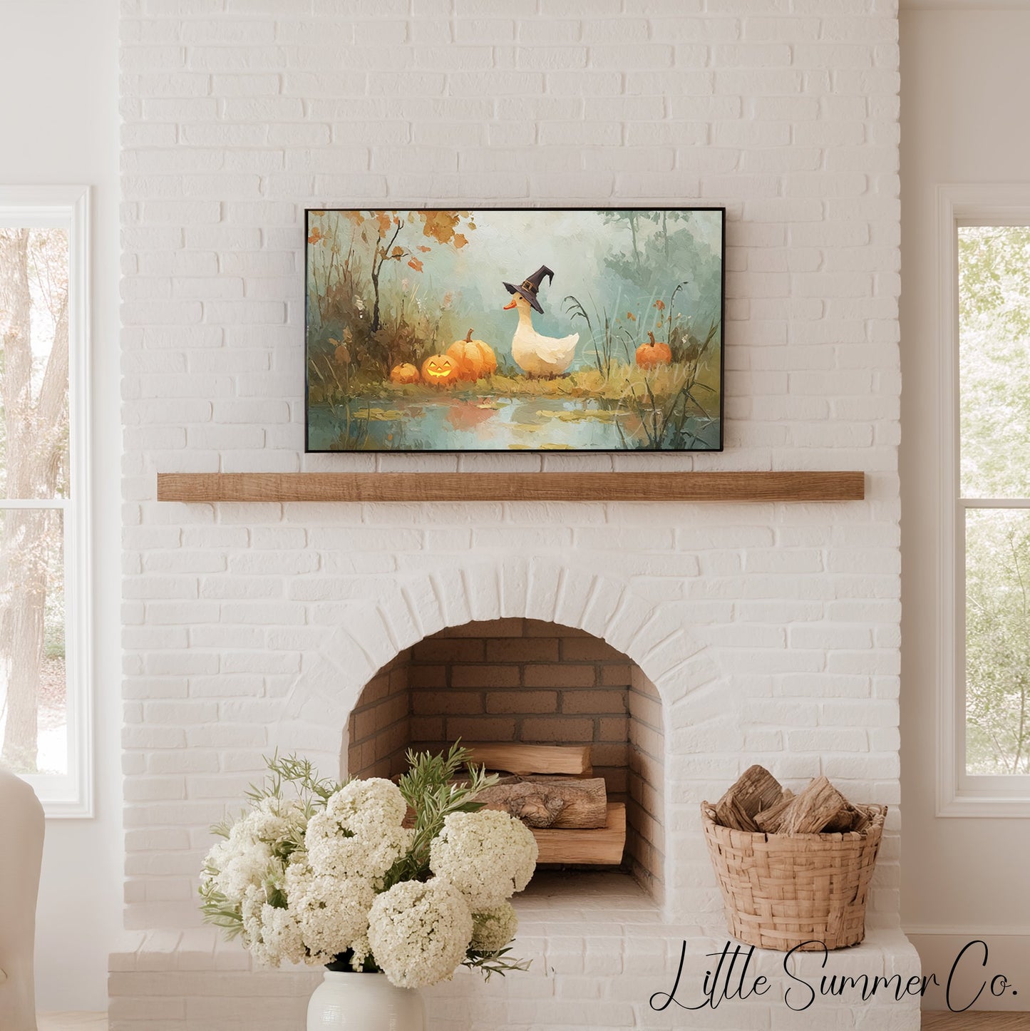 Duck with Jack-O-Lanterns Frame TV Art displayed on a TV