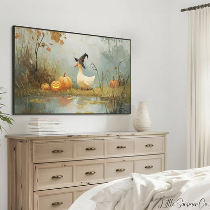 Duck with Jack-O-Lanterns Frame TV Art displayed on a TV