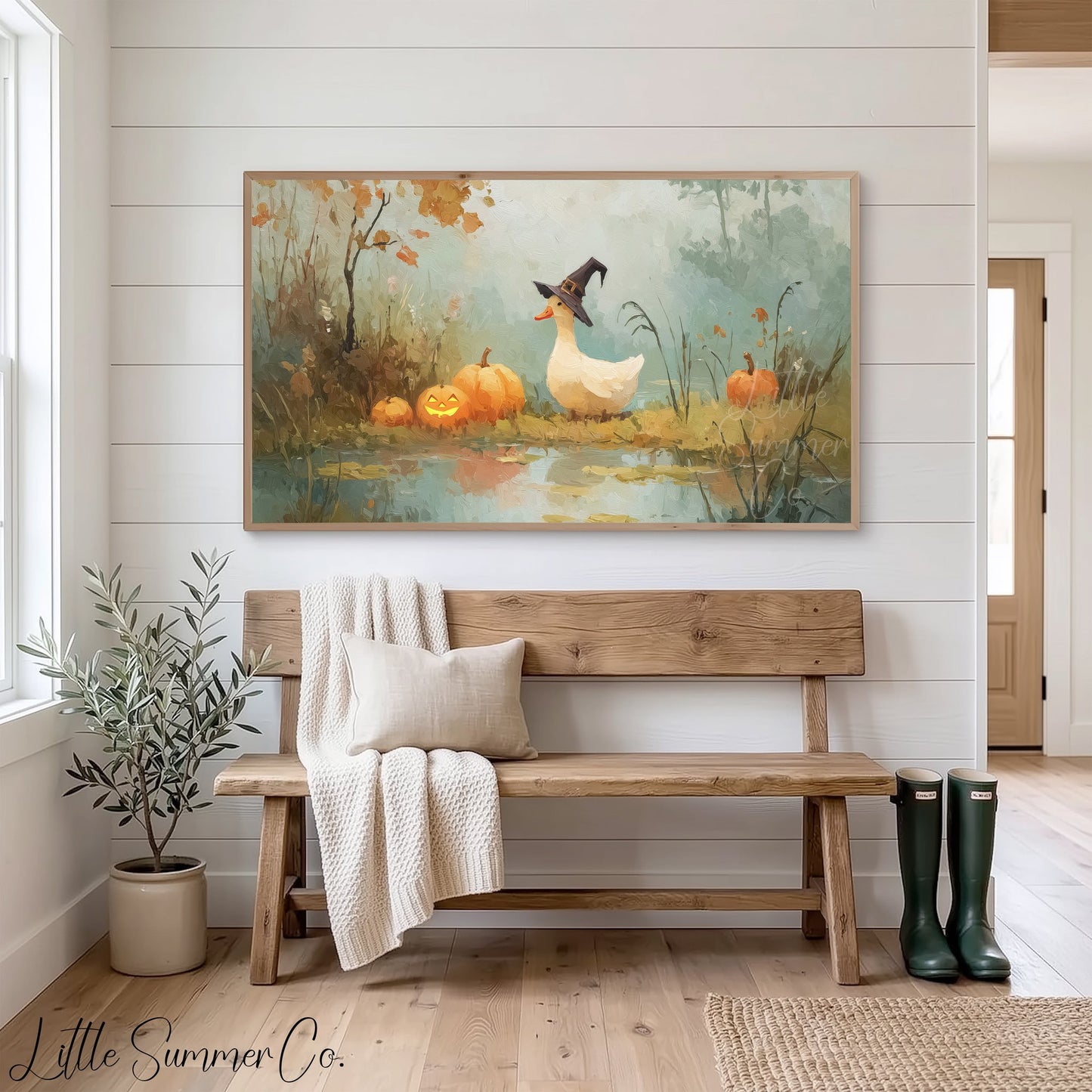 Duck with Jack-O-Lanterns Frame TV Art displayed on a TV