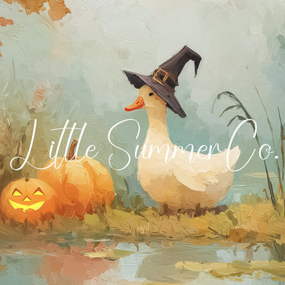Duck with Jack-O-Lanterns Frame TV Art displayed on a TV