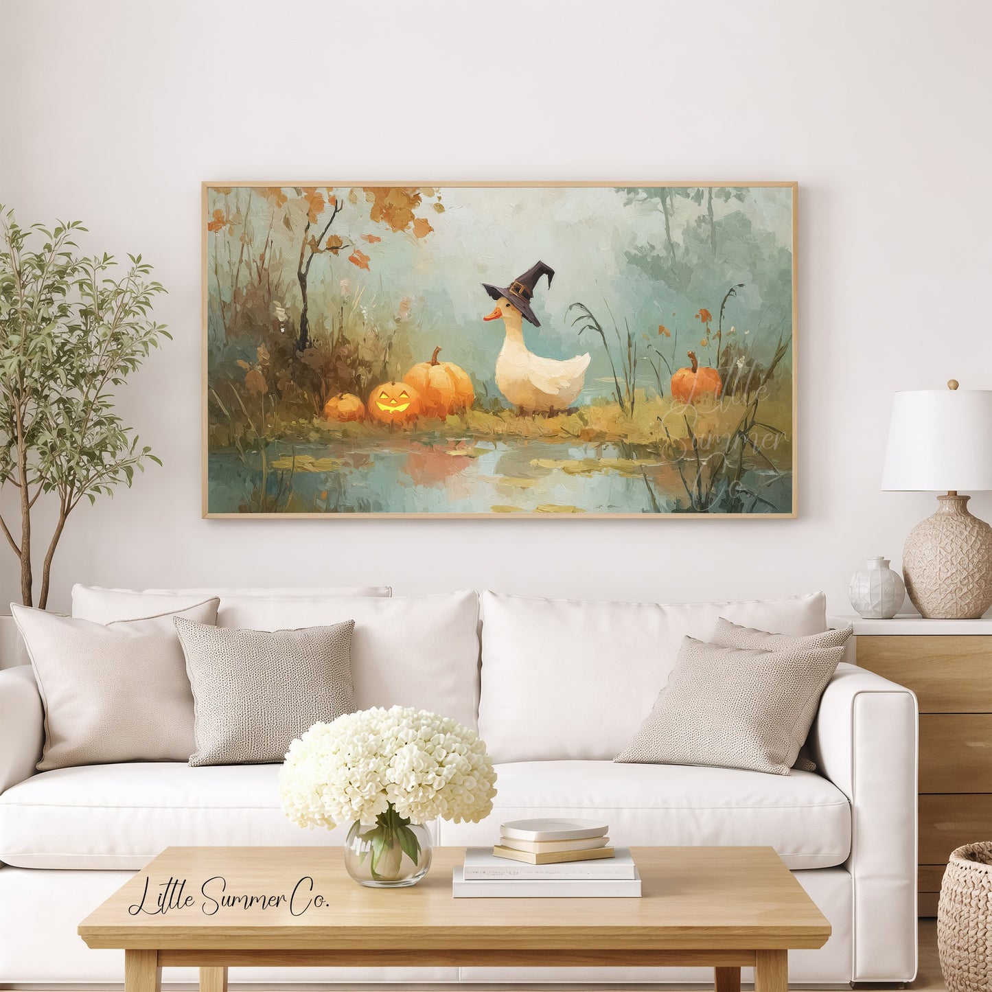Duck with Jack-O-Lanterns Frame TV Art displayed on a TV
