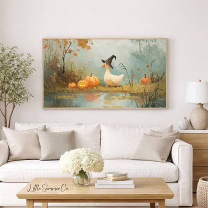 Duck with Jack-O-Lanterns Frame TV Art displayed on a TV