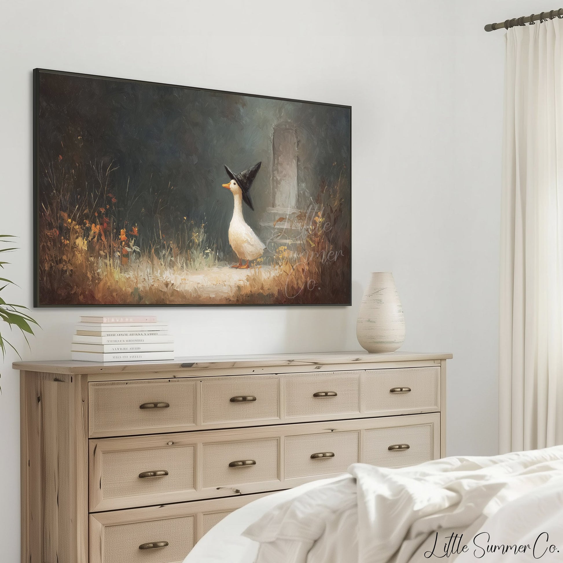 Witch Hat Duck in Garden Frame TV Art displayed on a TV
