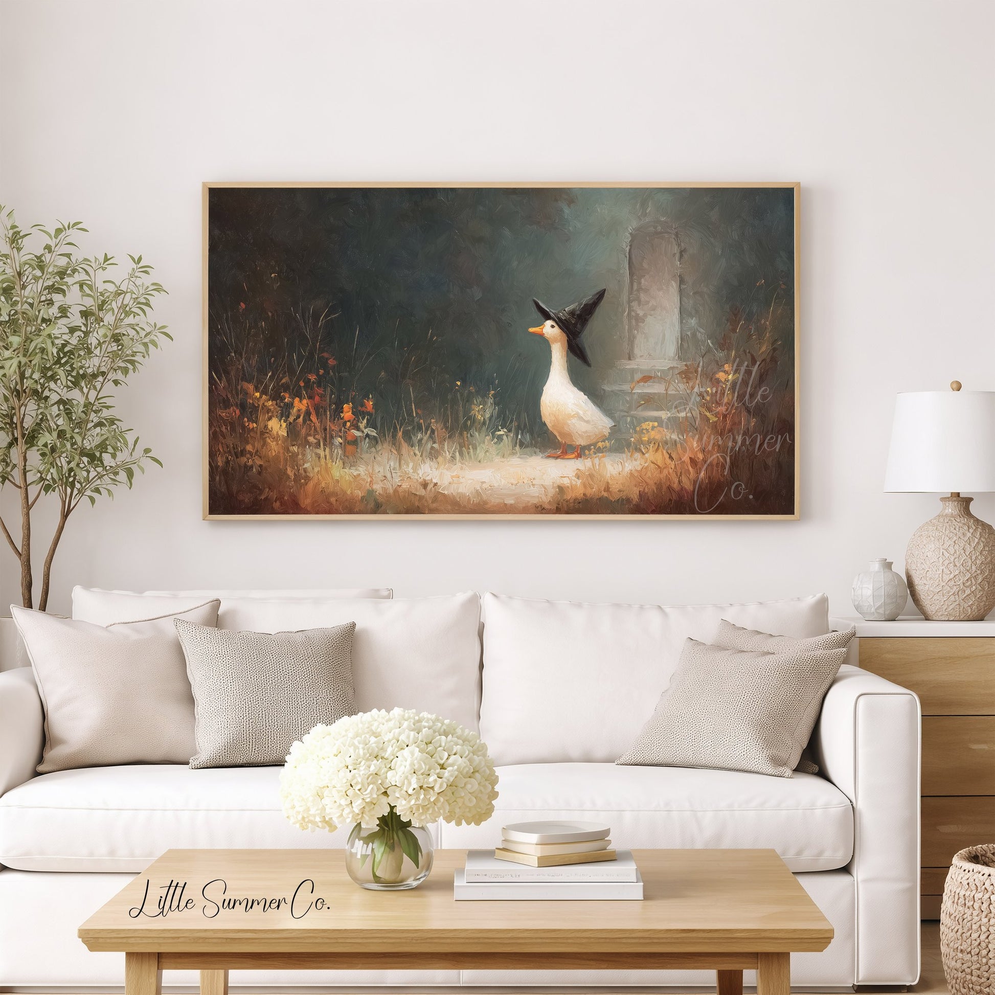 Witch Hat Duck in Garden Frame TV Art displayed on a TV