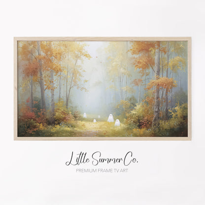 Little Ghosts in Autumn Forest Frame TV Art displayed on a TV