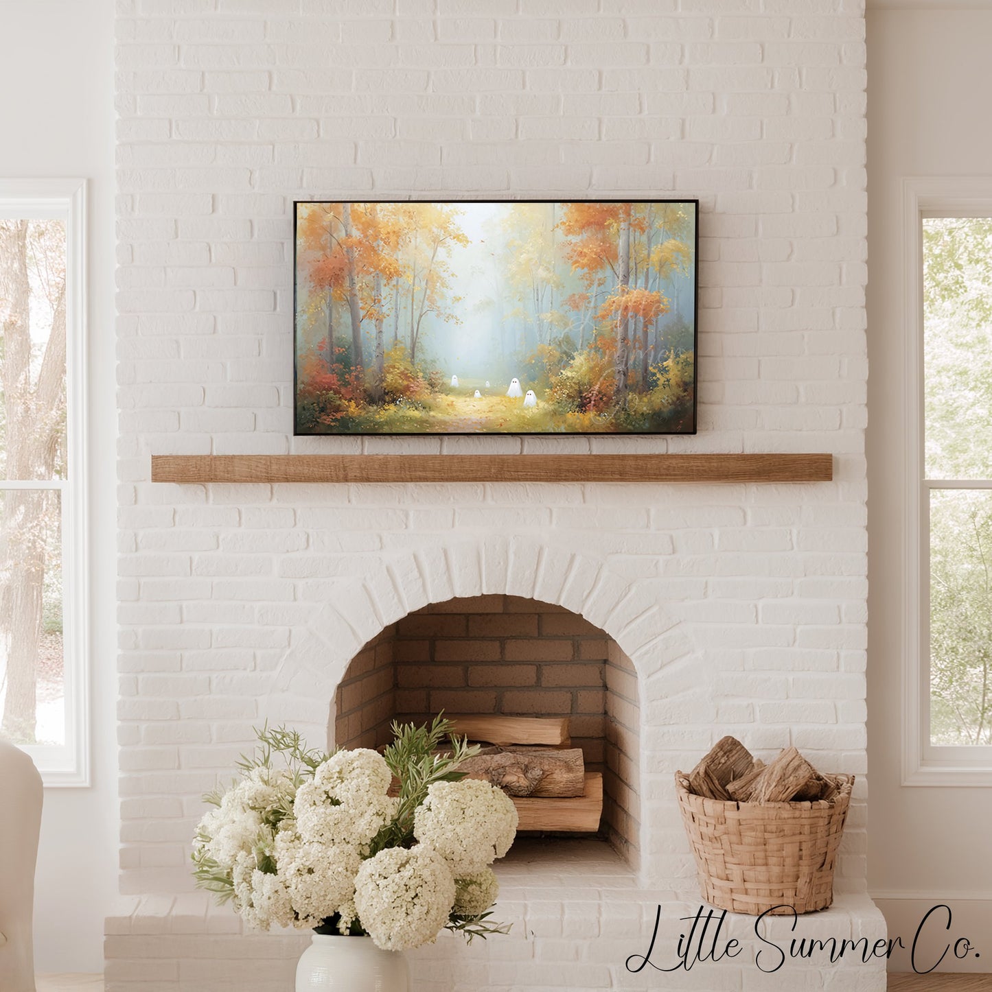 Little Ghosts in Autumn Forest Frame TV Art displayed on a TV