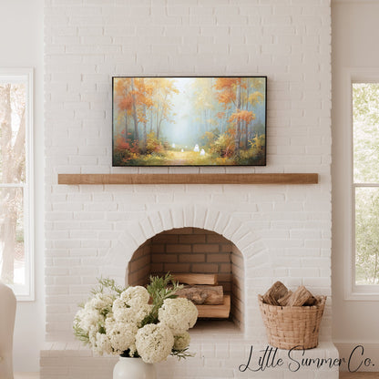 Little Ghosts in Autumn Forest Frame TV Art displayed on a TV