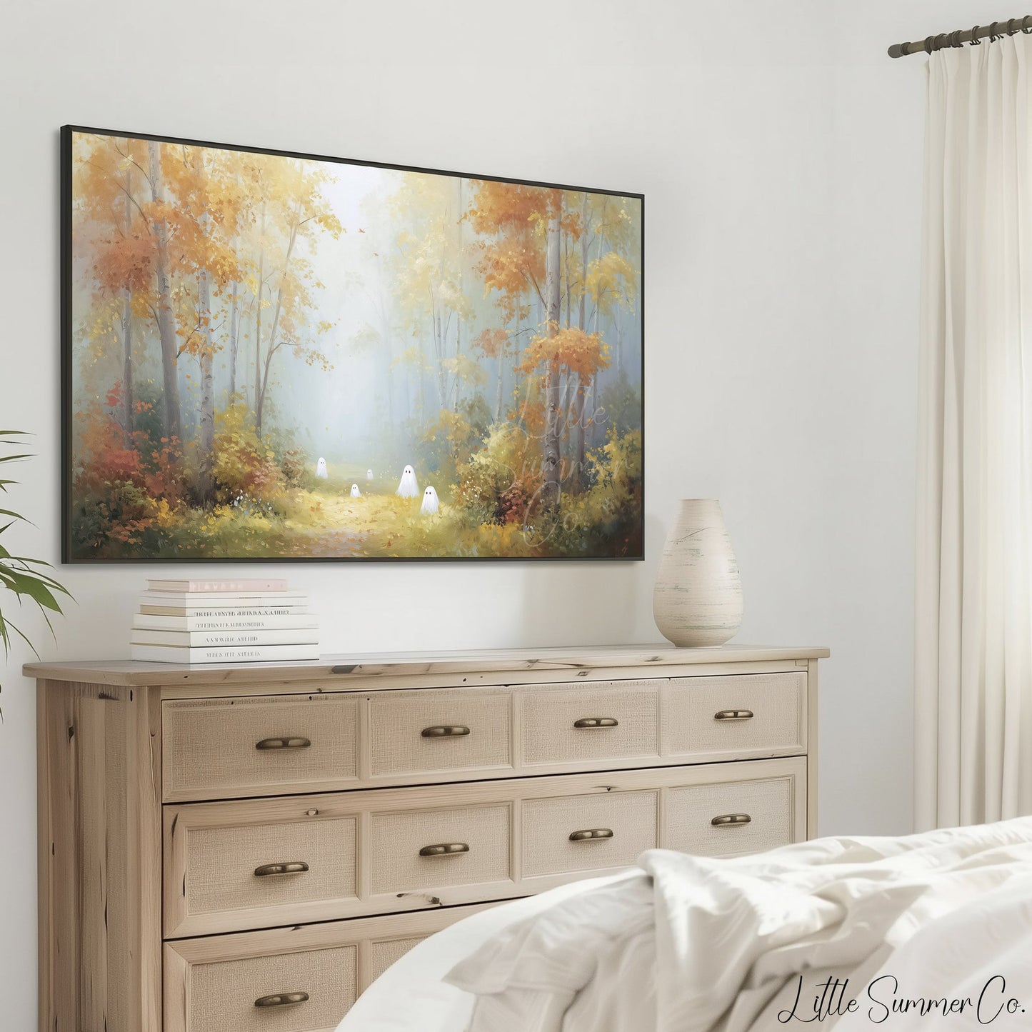 Little Ghosts in Autumn Forest Frame TV Art displayed on a TV
