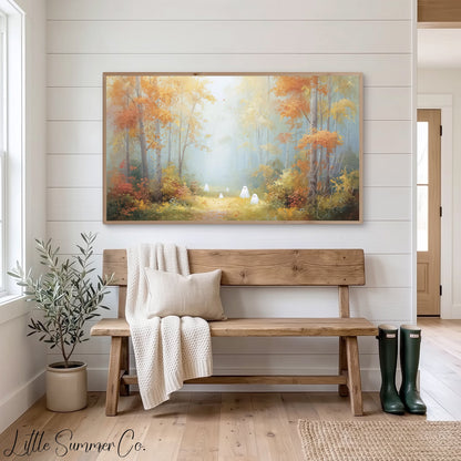 Little Ghosts in Autumn Forest Frame TV Art displayed on a TV