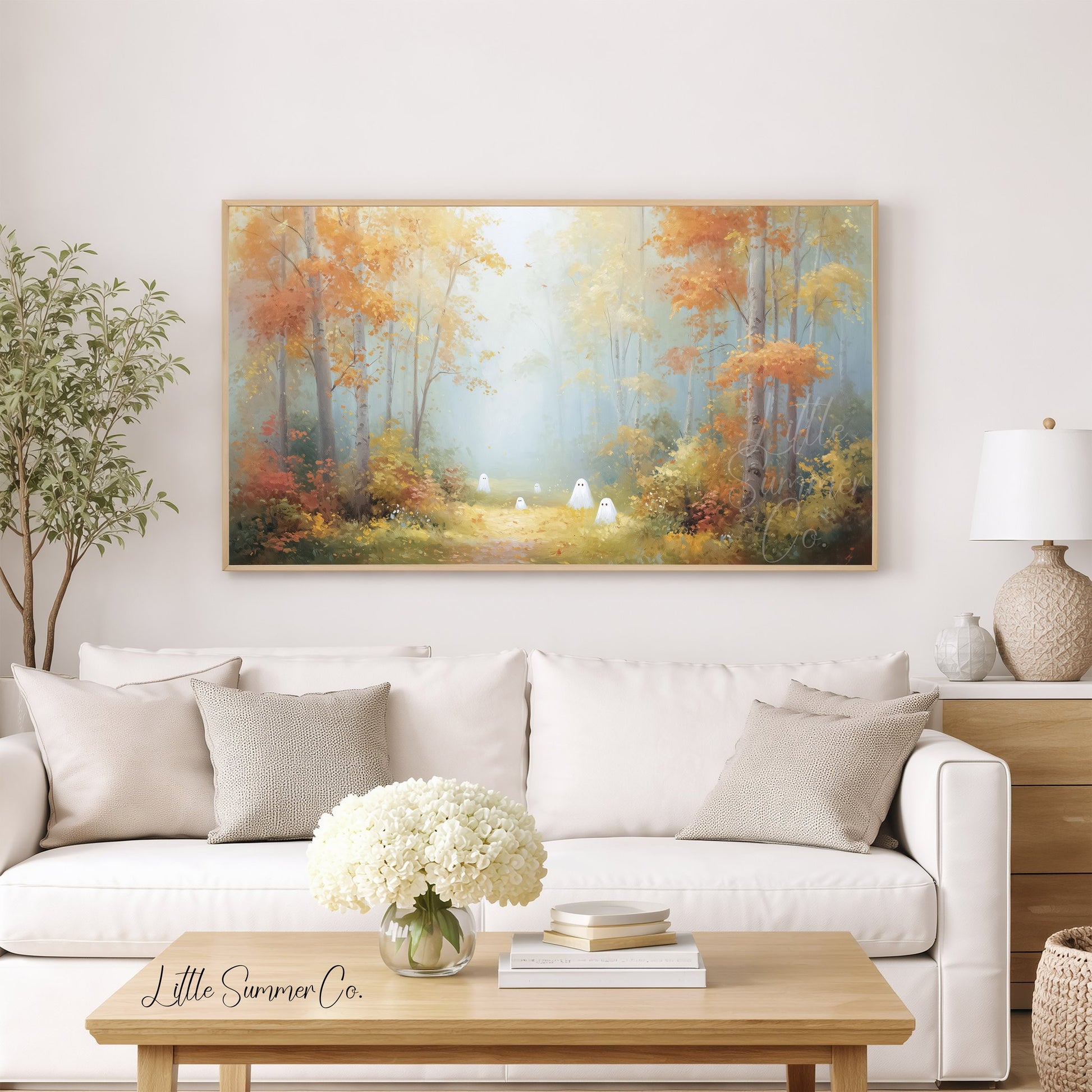 Little Ghosts in Autumn Forest Frame TV Art displayed on a TV