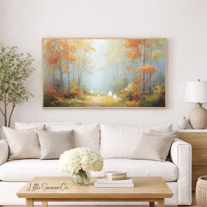 Little Ghosts in Autumn Forest Frame TV Art displayed on a TV