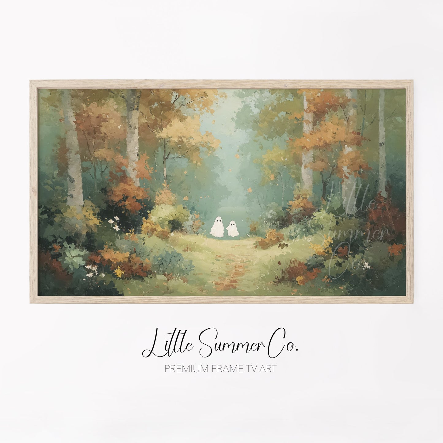 Two Ghosts on Autumn Path Frame TV Art displayed on a TV
