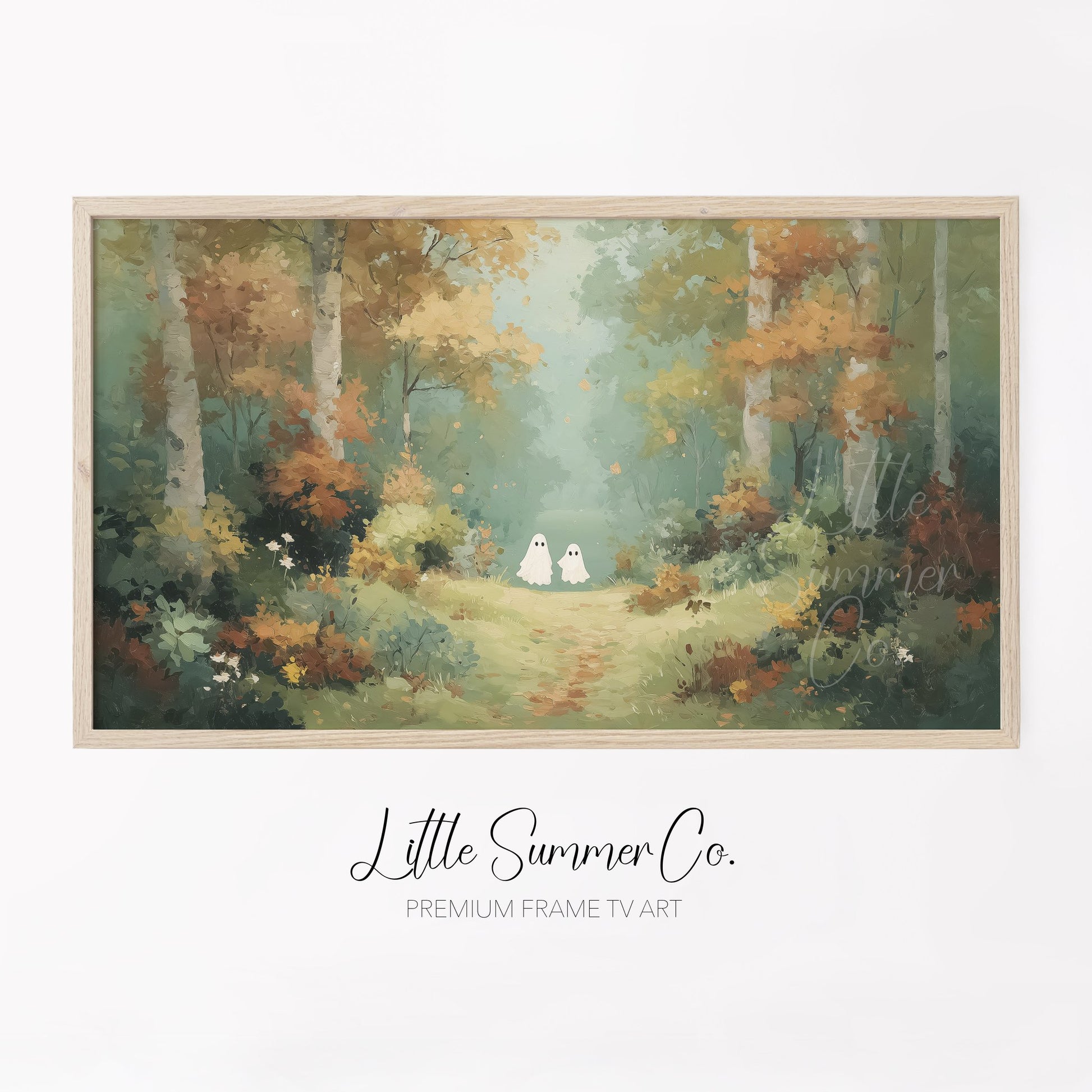 Two Ghosts on Autumn Path Frame TV Art displayed on a TV
