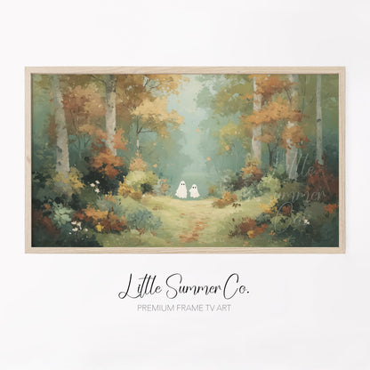 Two Ghosts on Autumn Path Frame TV Art displayed on a TV