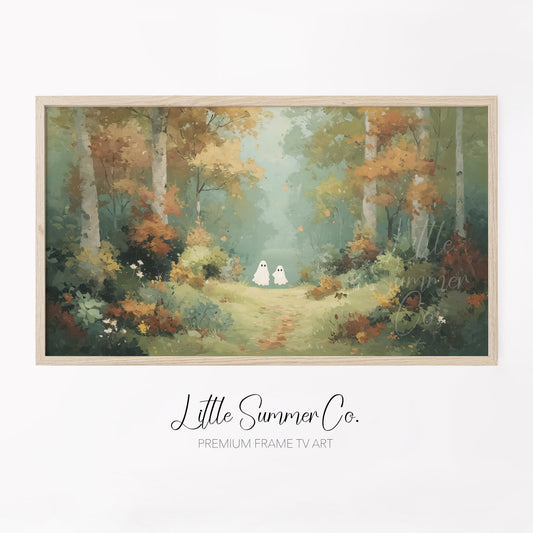 Two Ghosts on Autumn Path Frame TV Art displayed on a TV