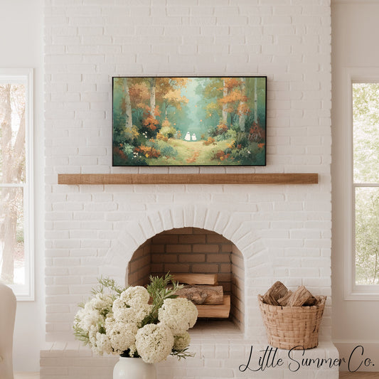 Two Ghosts on Autumn Path Frame TV Art displayed on a TV