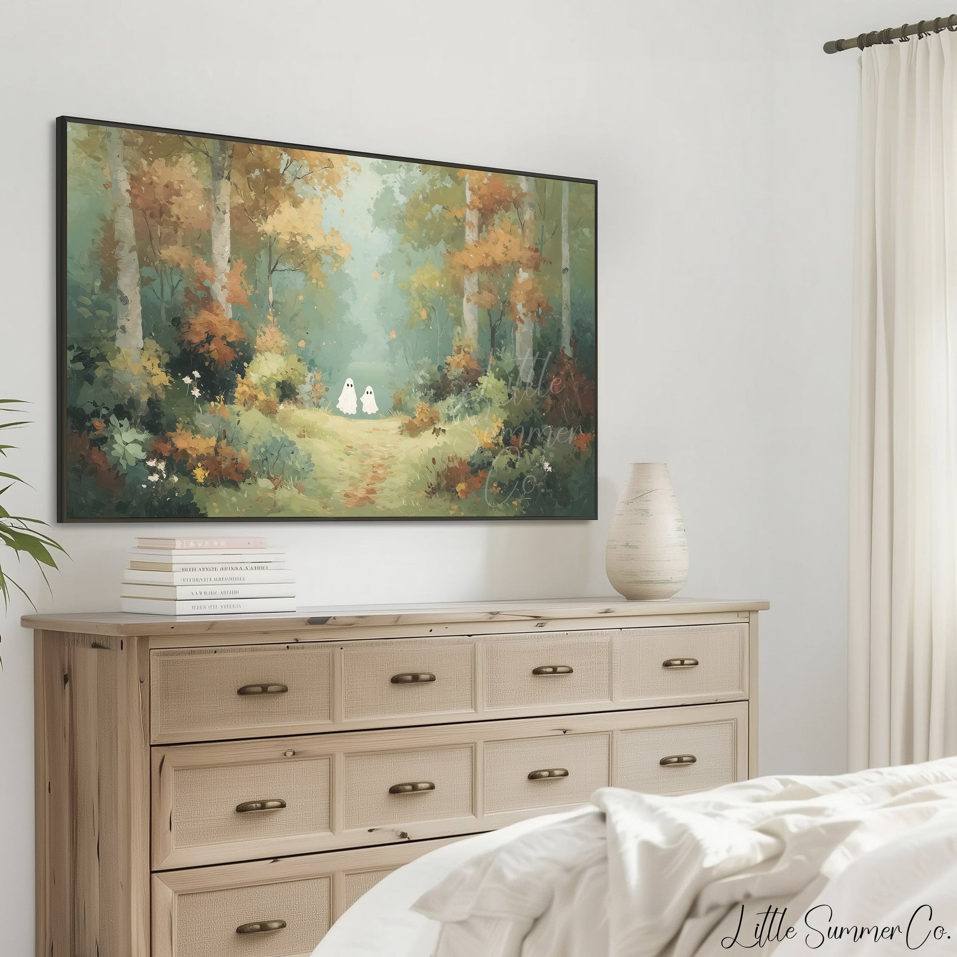 Two Ghosts on Autumn Path Frame TV Art displayed on a TV