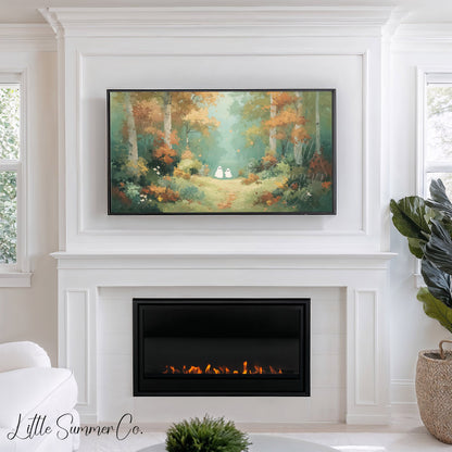 Two Ghosts on Autumn Path Frame TV Art displayed on a TV