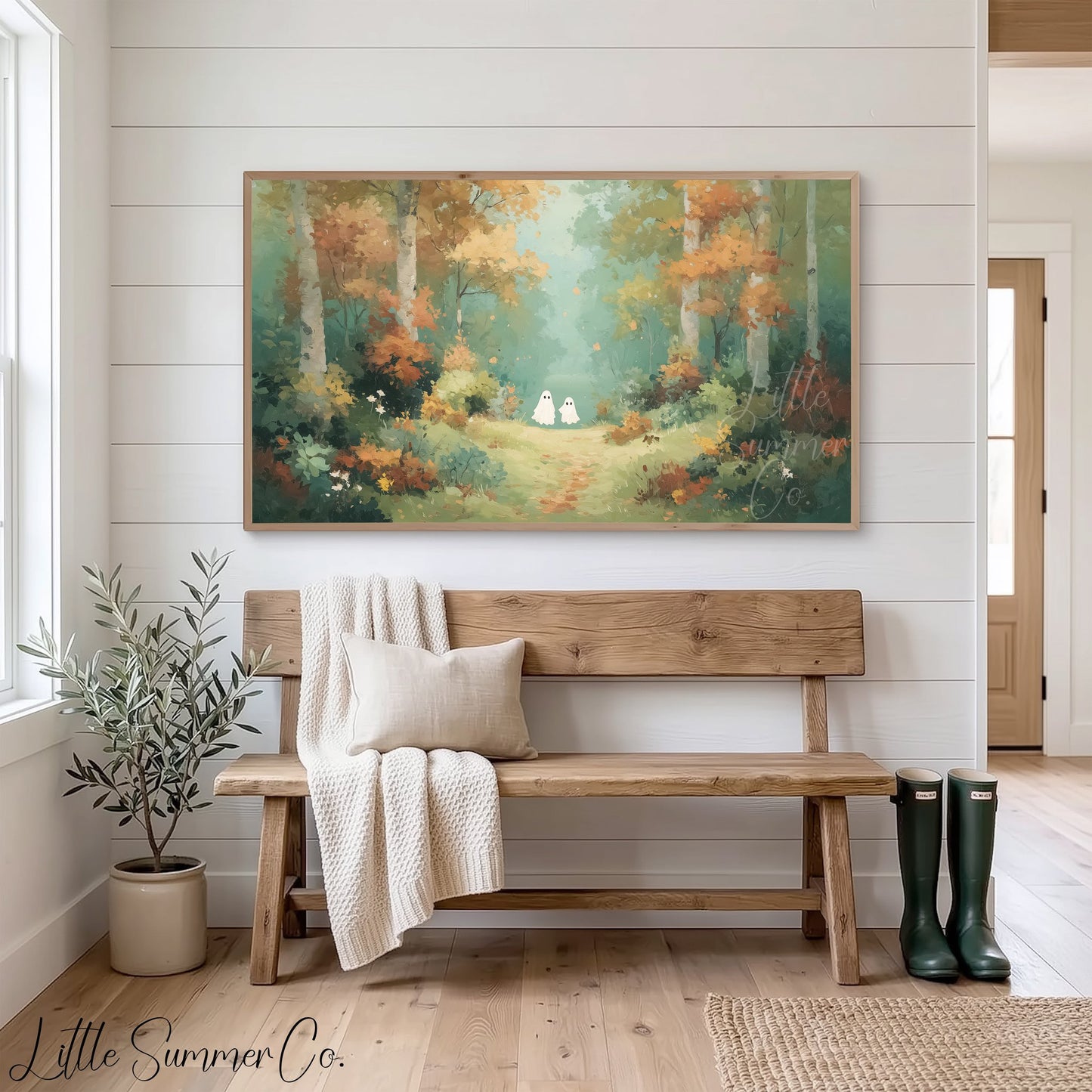 Two Ghosts on Autumn Path Frame TV Art displayed on a TV