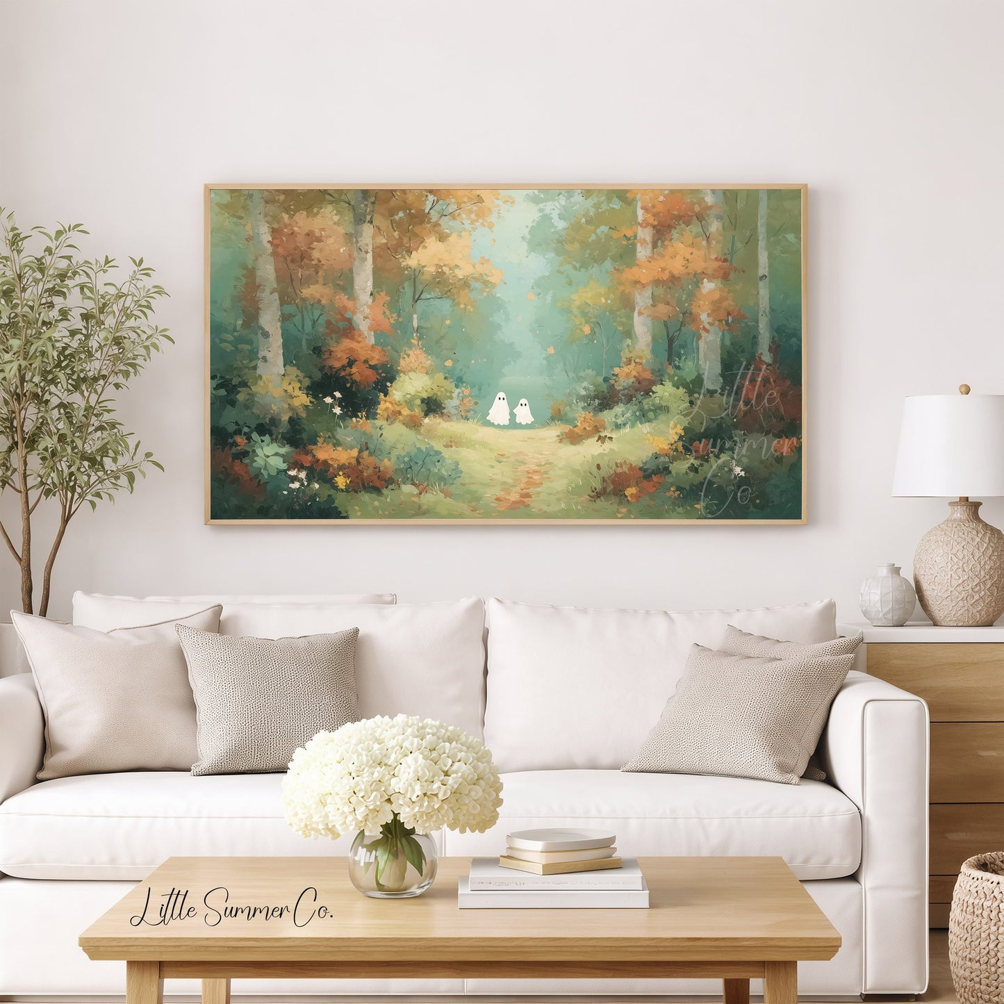 Two Ghosts on Autumn Path Frame TV Art displayed on a TV