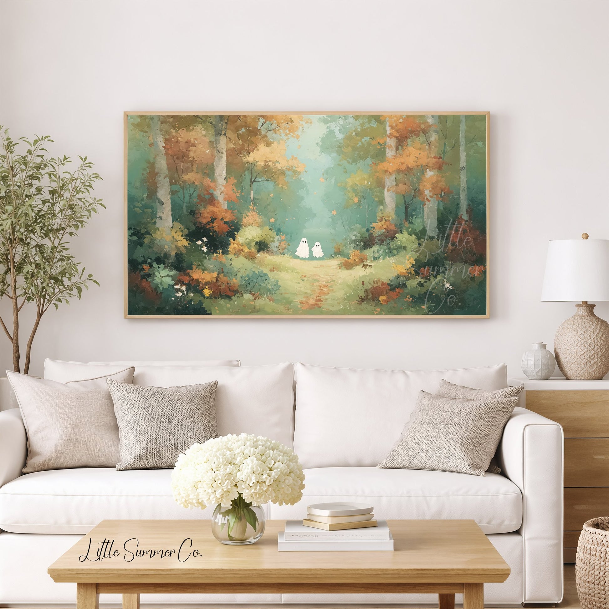 Two Ghosts on Autumn Path Frame TV Art displayed on a TV
