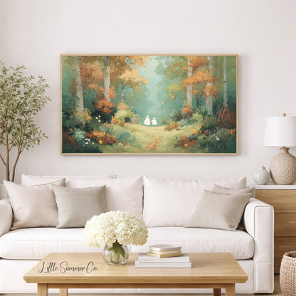 Two Ghosts on Autumn Path Frame TV Art displayed on a TV