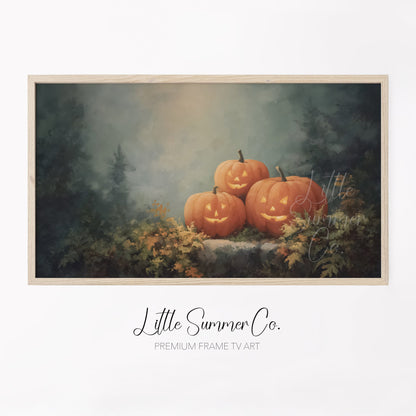 Glowing Jack-O-Lanterns in Forest Frame TV Art displayed on a TV