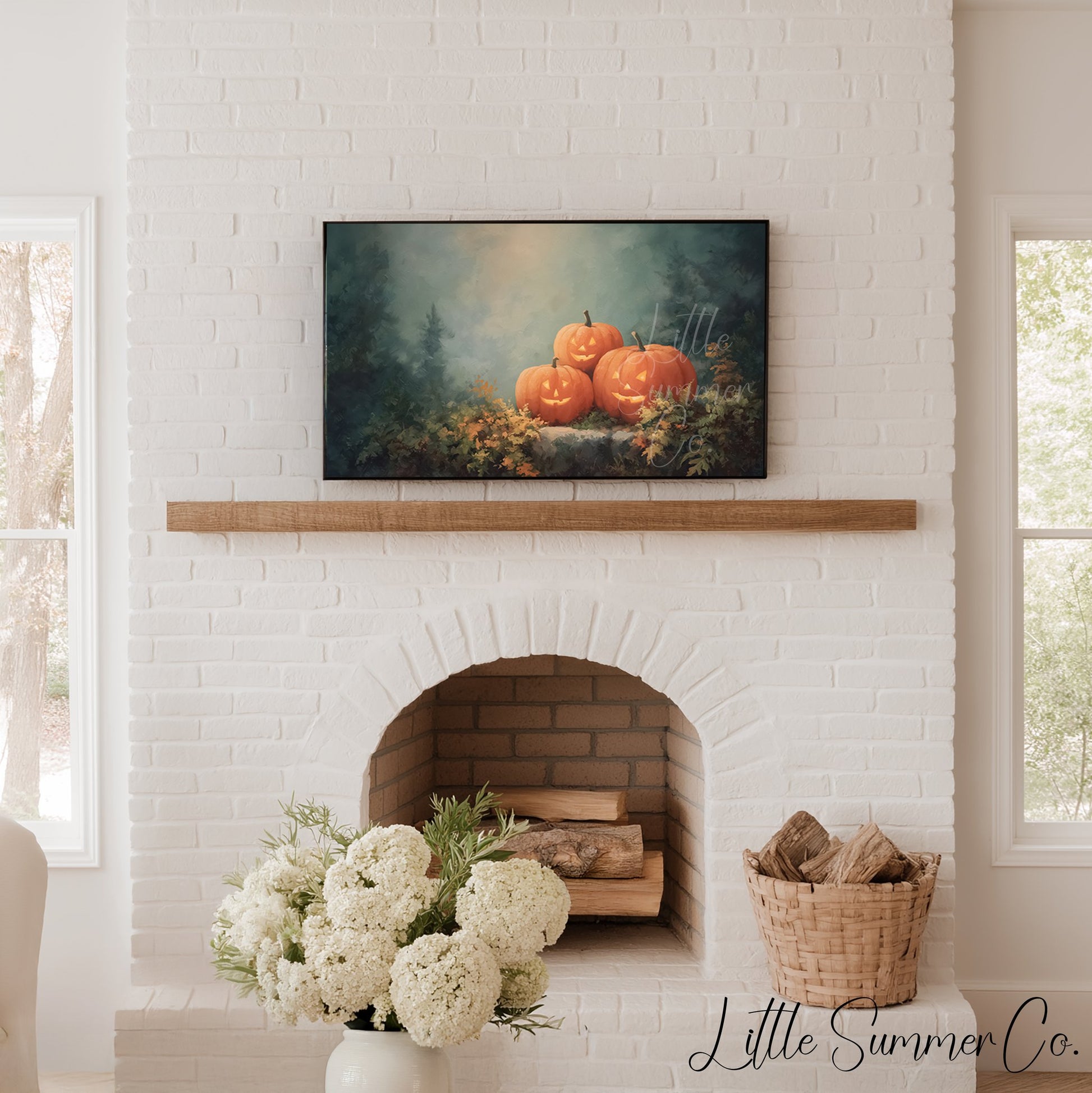 Glowing Jack-O-Lanterns in Forest Frame TV Art displayed on a TV
