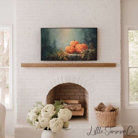 Glowing Jack-O-Lanterns in Forest Frame TV Art displayed on a TV