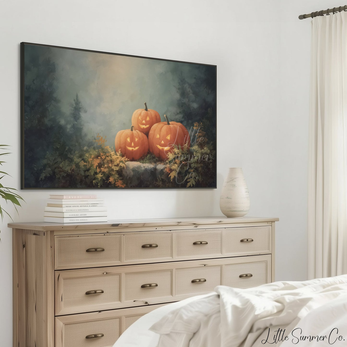 Glowing Jack-O-Lanterns in Forest Frame TV Art displayed on a TV