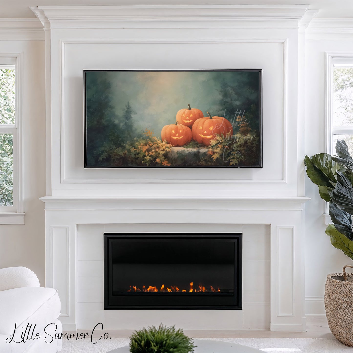 Glowing Jack-O-Lanterns in Forest Frame TV Art displayed on a TV