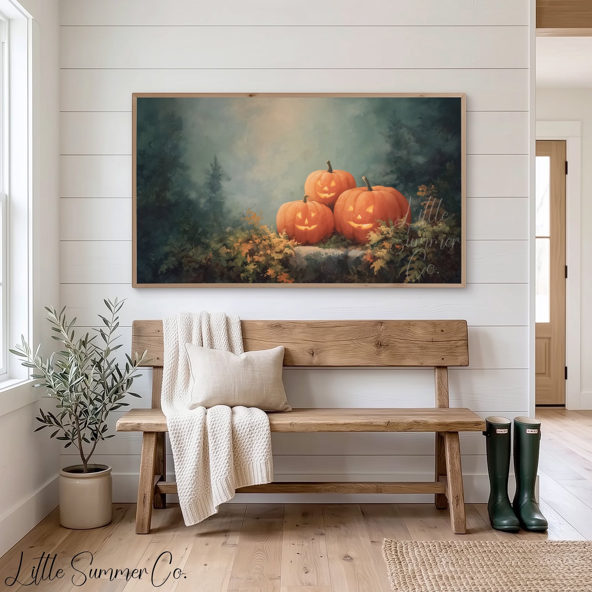 Glowing Jack-O-Lanterns in Forest Frame TV Art displayed on a TV