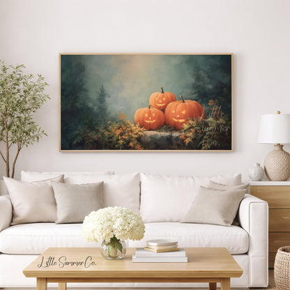 Glowing Jack-O-Lanterns in Forest Frame TV Art displayed on a TV