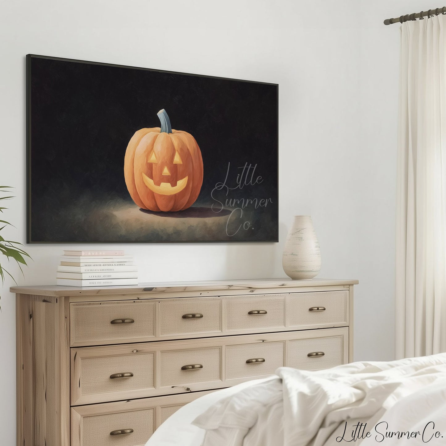 Jack-O-Lantern Dark Background Frame TV Art displayed on a TV