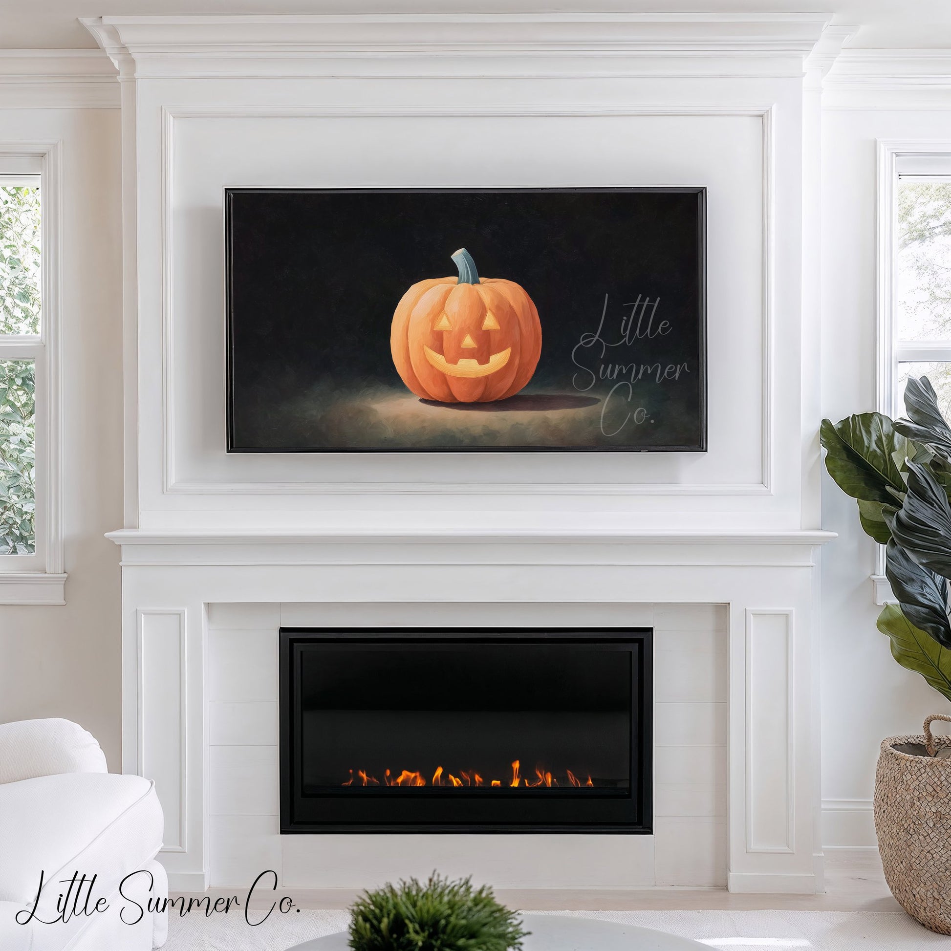 Jack-O-Lantern Dark Background Frame TV Art displayed on a TV