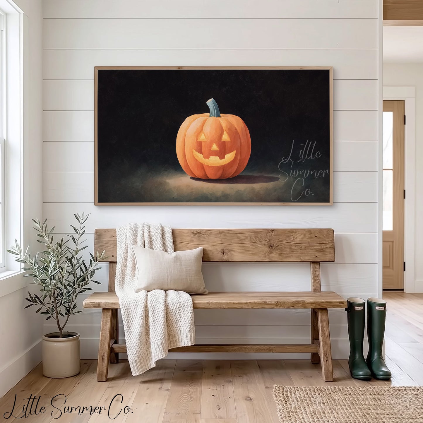 Jack-O-Lantern Dark Background Frame TV Art displayed on a TV