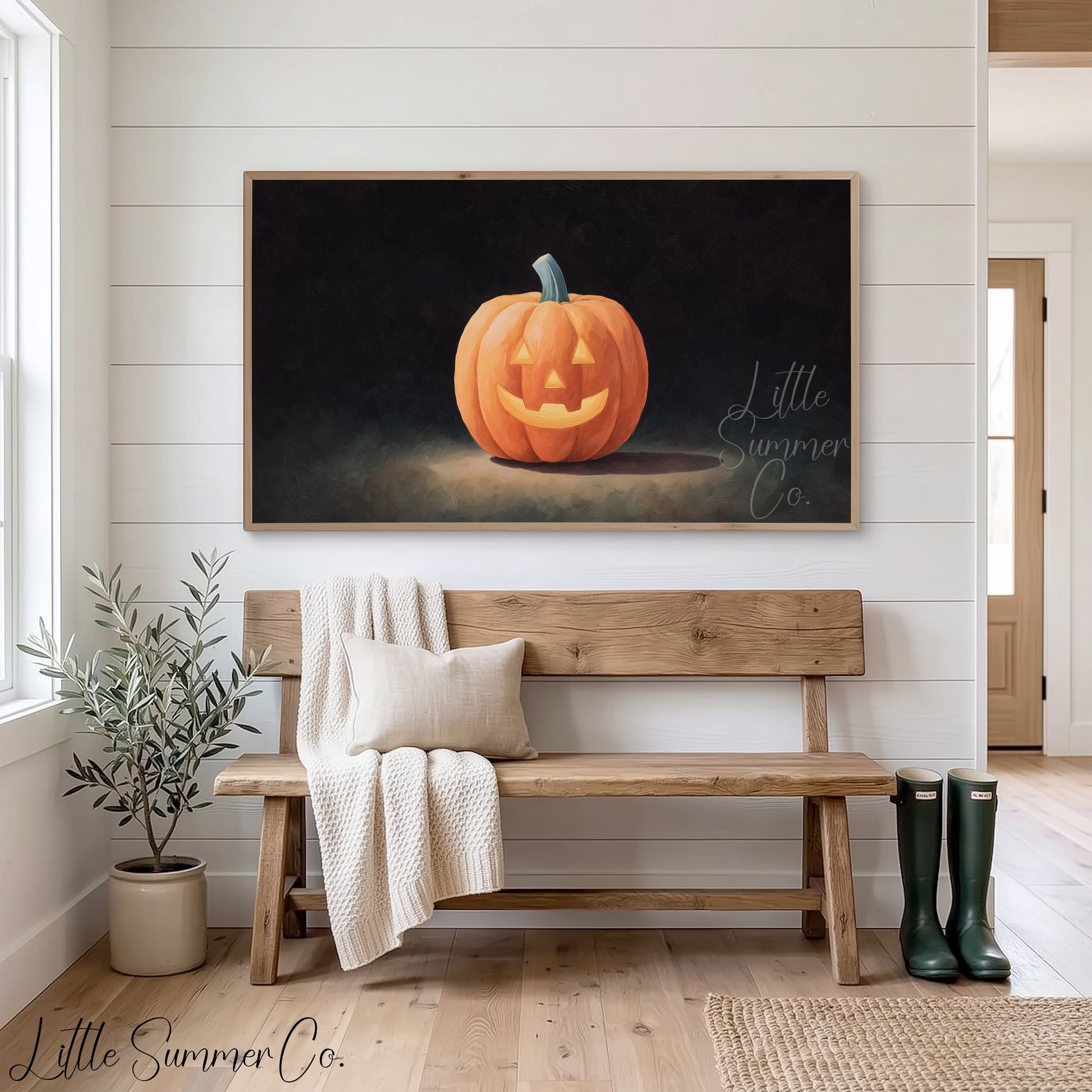 Jack-O-Lantern Dark Background Frame TV Art displayed on a TV