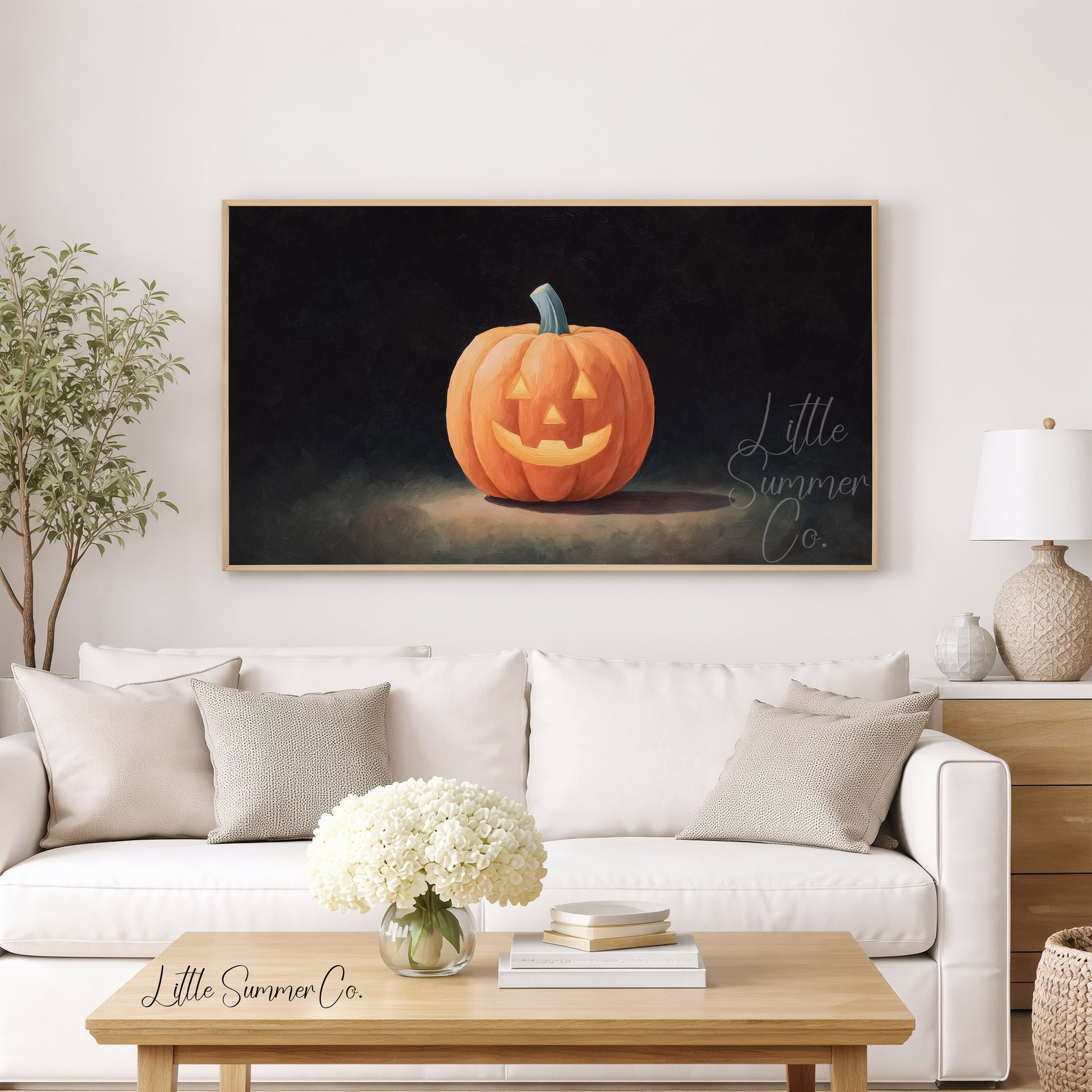 Jack-O-Lantern Dark Background Frame TV Art displayed on a TV