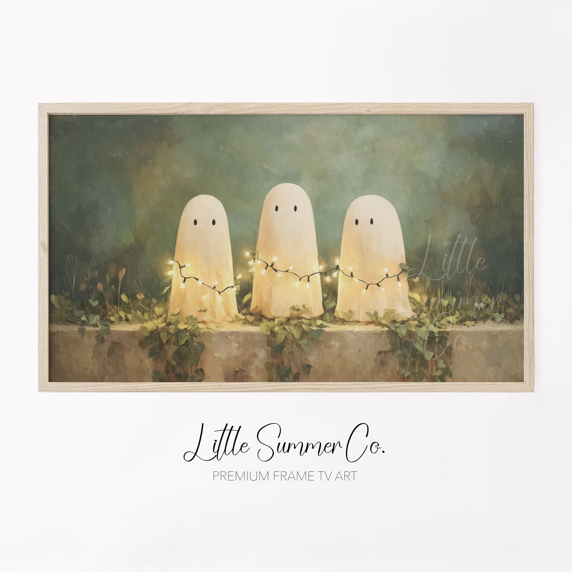 Ghosts with Fairy Lights Frame TV Art displayed on a TV