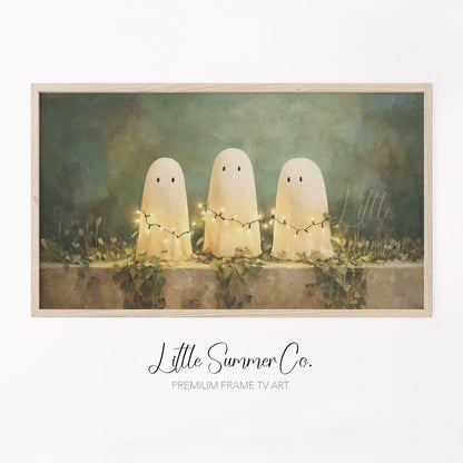 Ghosts with Fairy Lights Frame TV Art displayed on a TV