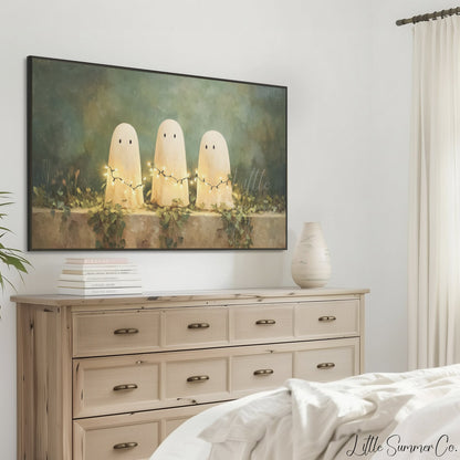 Ghosts with Fairy Lights Frame TV Art displayed on a TV