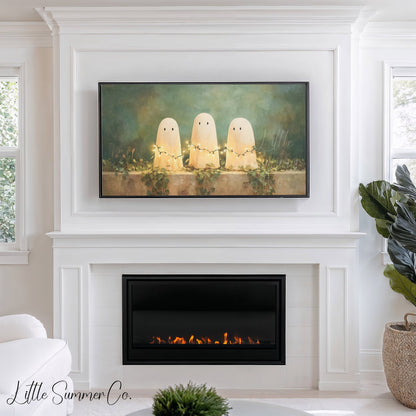 Ghosts with Fairy Lights Frame TV Art displayed on a TV