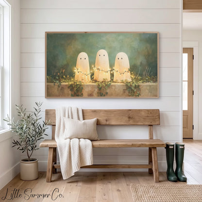 Ghosts with Fairy Lights Frame TV Art displayed on a TV