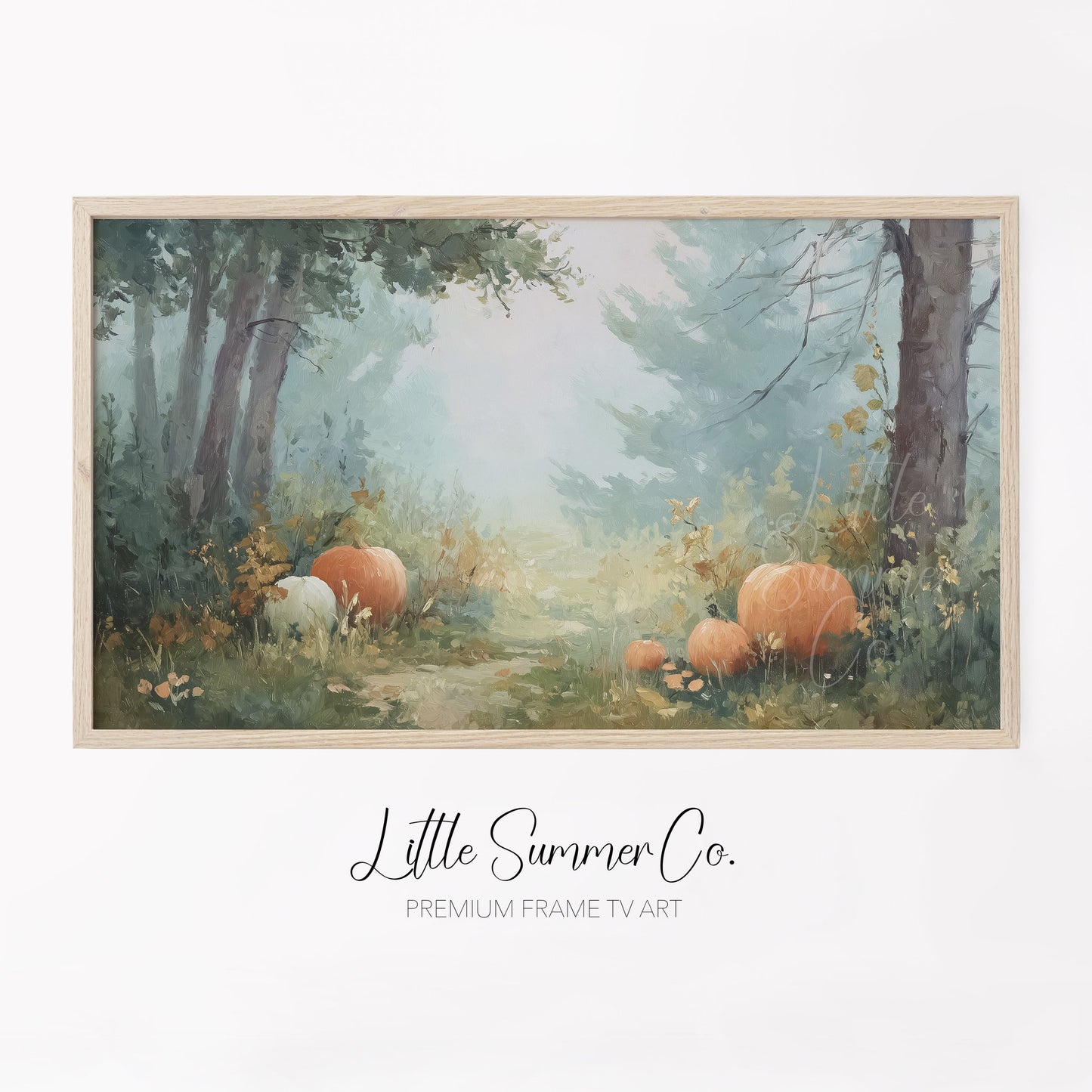 Pumpkins in Misty Forest Clearing Frame TV Art displayed on a TV