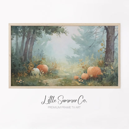 Pumpkins in Misty Forest Clearing Frame TV Art displayed on a TV