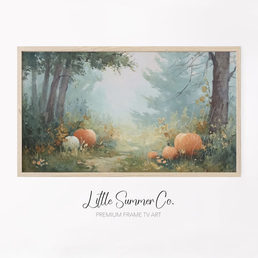 Pumpkins in Misty Forest Clearing Frame TV Art displayed on a TV