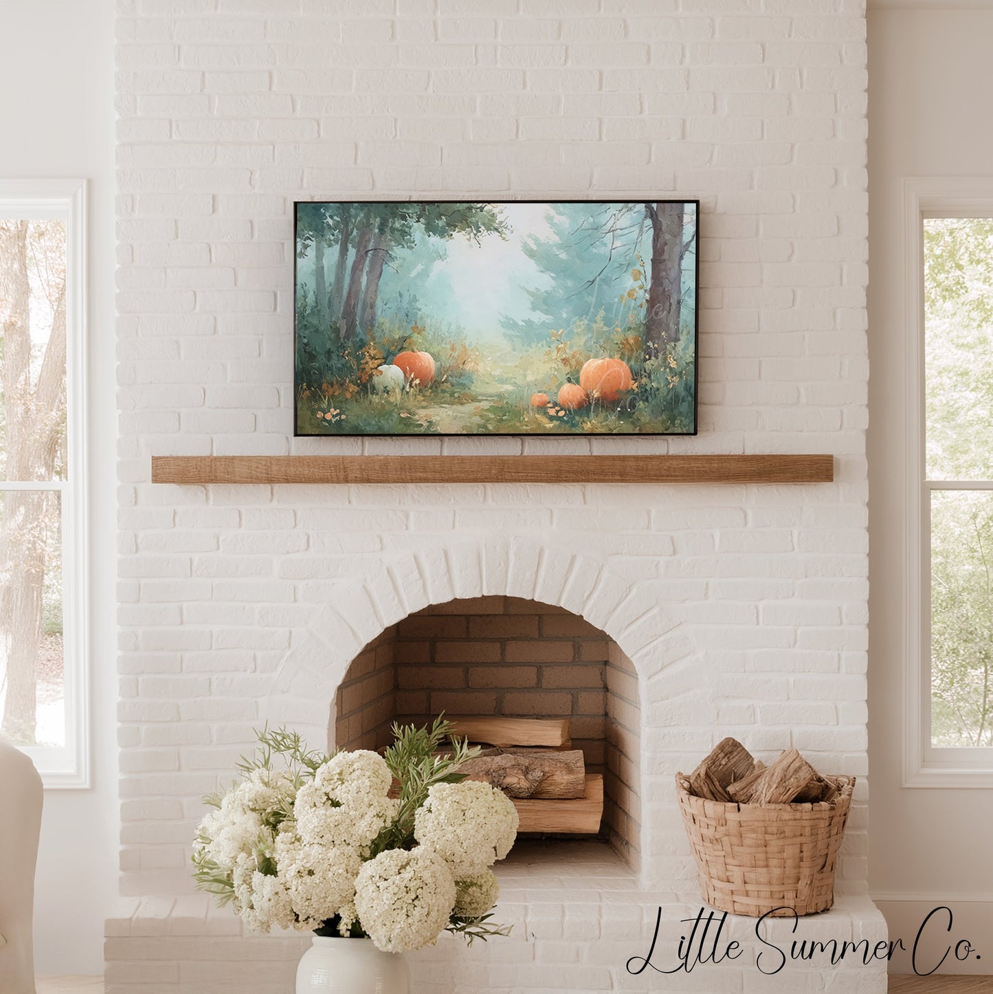 Pumpkins in Misty Forest Clearing Frame TV Art displayed on a TV