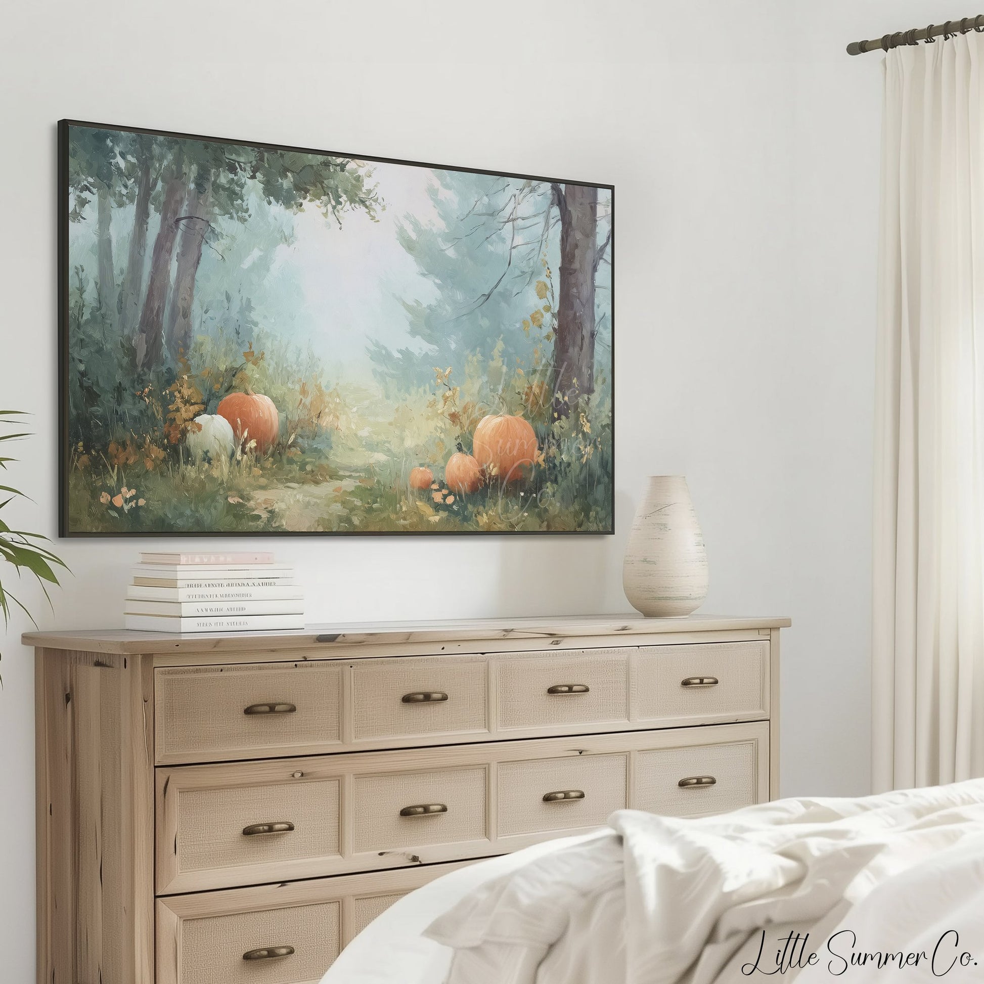Pumpkins in Misty Forest Clearing Frame TV Art displayed on a TV