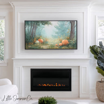Pumpkins in Misty Forest Clearing Frame TV Art displayed on a TV