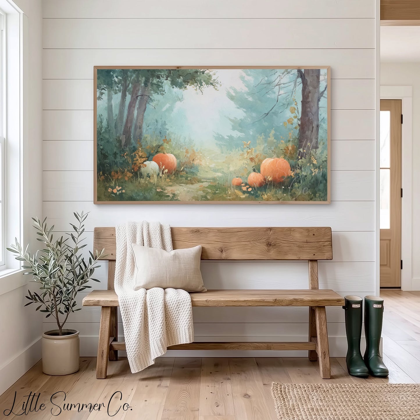 Pumpkins in Misty Forest Clearing Frame TV Art displayed on a TV